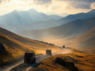 Expedition vehicles traverse rugged mountain terrain under a dramatic sunset sky in a remote wilderness. Generative AI