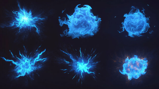 Blue fire explosion ui animation sprite vector set. Cartoon magic hit effect animated kit on dark background. Energy frames, thunderbolt and electric glow. Isolated comic burn with smoke illustration.