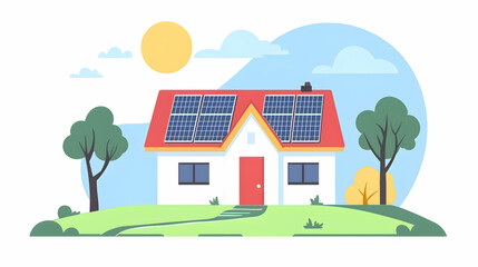 Naklejka premium Solar Panels on House in Rural Landscape Vector Illustration