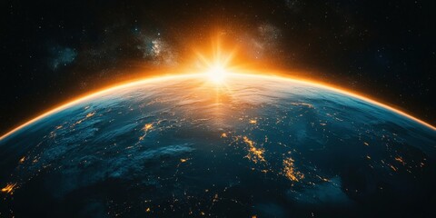 Fototapeta premium Earth Sunrise Digital Art Space View Curvature Planet Cities Asia Lights