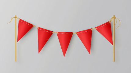 Obraz premium Red pennant flags different shapes on gold pillar. Vector realistic template of blank textile pennons on golden pole for sport teams, varsity or heraldic symbols isolated on gray background