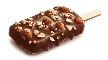 A delicious chocolate-covered ice cream bar with almonds and a wooden stick, perfect for a sweet treat on a hot day.