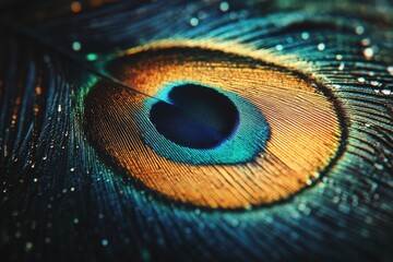 Obraz premium Close-up view of a peacock feather showcasing vivid colors and intricate patterns in natural light