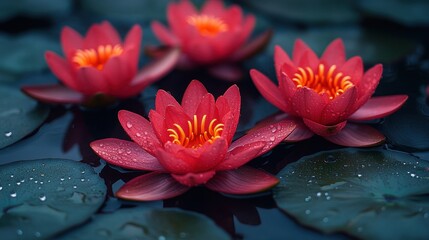 Red water lilies bloom in dark pond