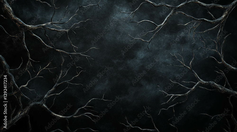 Poster mysterious smoke drift through dark twisted branches in enigmatic forest scene