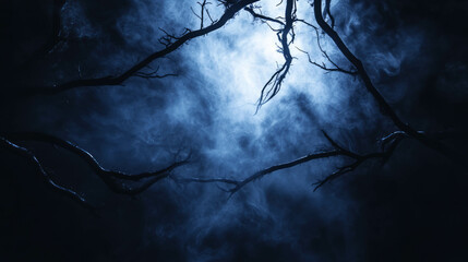 Mysterious foggy forest with dark branches and ethereal smoke cloud