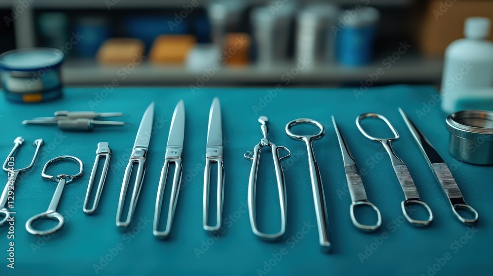 Poster a close-up view of various surgical instruments arranged neatly on a sterile table in a medical sett
