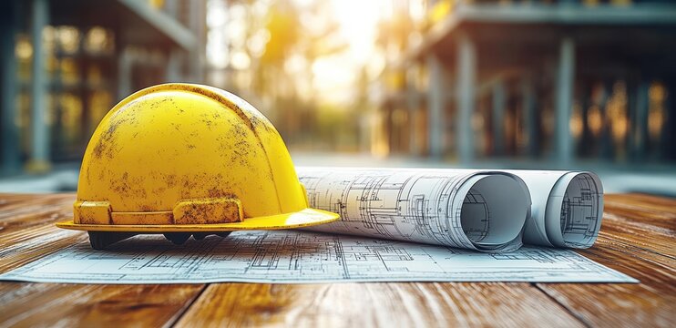 Yellow Hard Hat and Blueprints on Wooden Table for Construction Projects