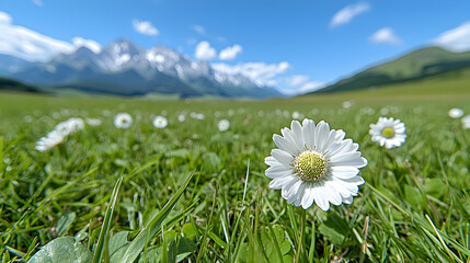 Alpine meadow daisies, mountain backdrop, summer day, nature photography, postcard
