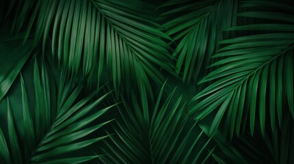 Lush green palm leaves create a vibrant, tropical backdrop with intricate textures and patterns.