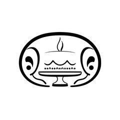 Minimalist Cake Illustration with Candle, Oval Frame, and Artistic Flourishes.