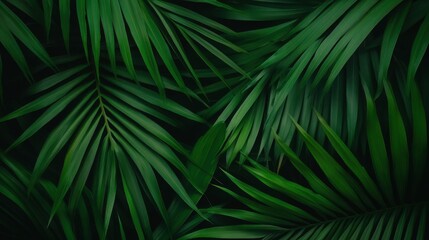 A lush arrangement of green palm leaves against a dark background, creating a vibrant, tropical atmosphere.