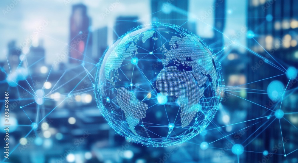 Poster digital world map with global network connections and business chart, representing international tra