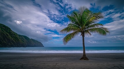 Calming beach scene with palm trees tropical coast nature photography serene environment wide angle tranquility