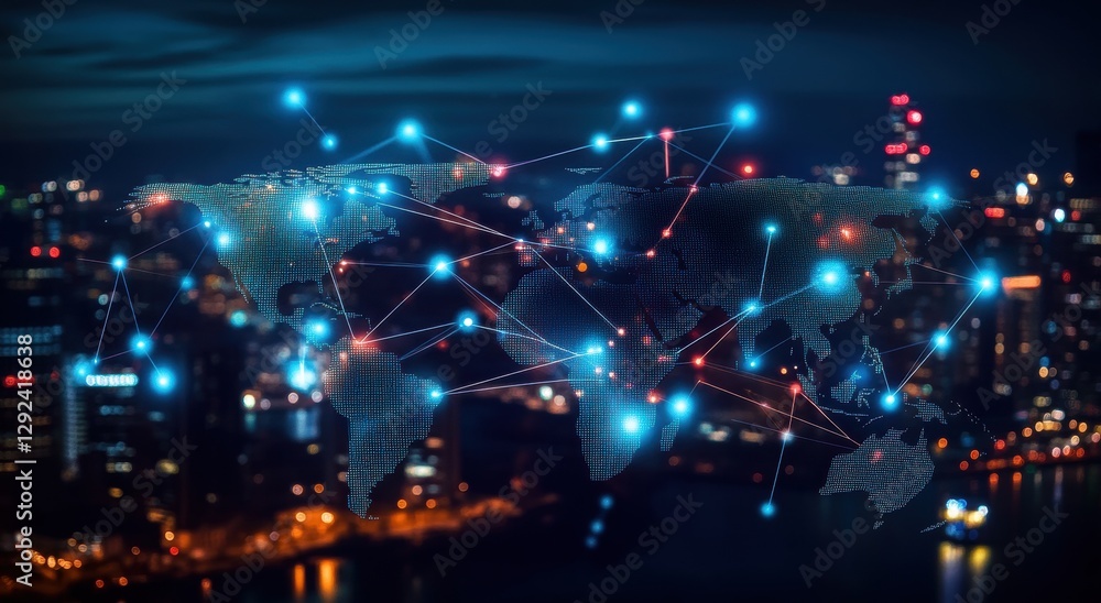 Poster digital map of the world with global network connections and business buildings in the background, r