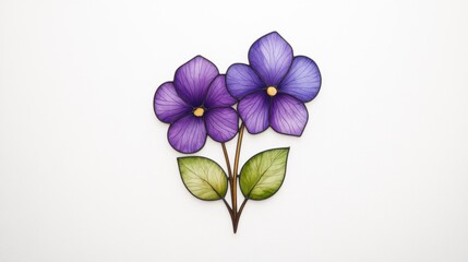 A pair of delicate purple flowers with green leaves, beautifully illustrated on a white background, showcasing elegant details and vibrant colors.