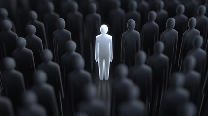 Einsame gelbe Figur strahlt in einer Menschenmenge aus grauen Silhouetten

