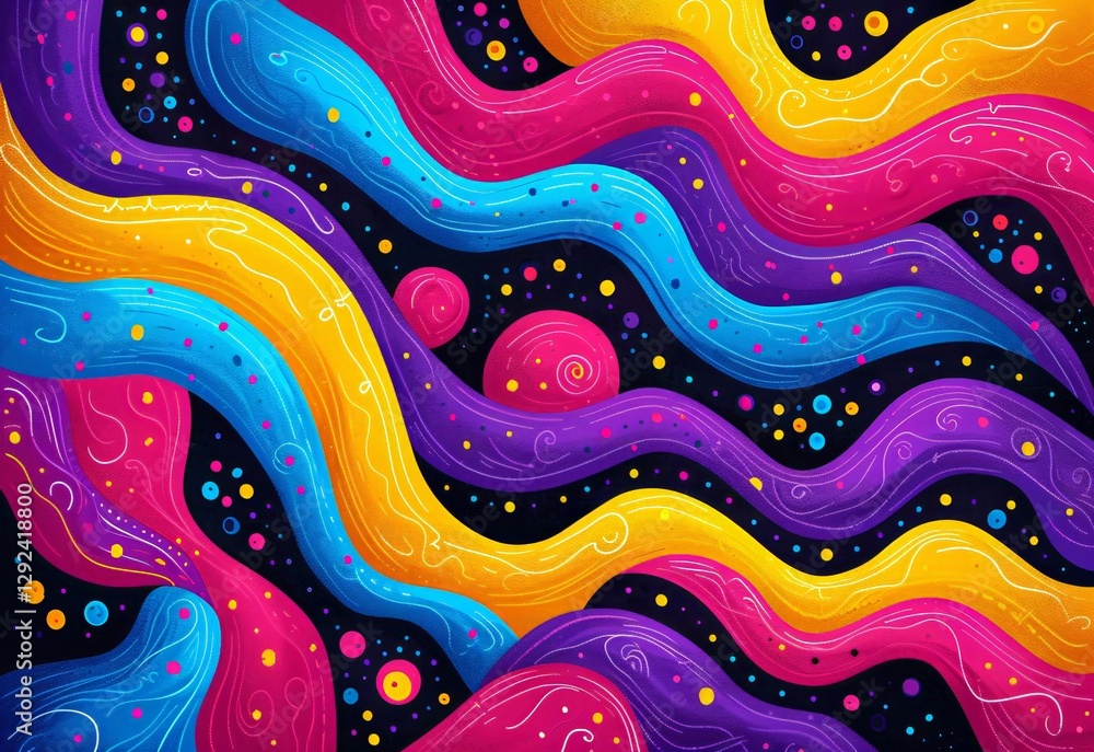 Poster colorful abstract waves pattern with dots on black background. modern psychedelic art design with wa
