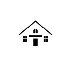 Minimalist black and white illustration of a house with a gable roof, featuring windows and a door on a white backdrop.
