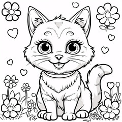 Cute Smiling Cat Drawing with Friendly Expression for Kids Storybook Covers and Interactive Fun Coloring Pages for Young Learners Drawing Illustration with Heart and Flowers