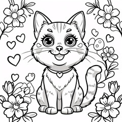 Fototapeta premium Cute Smiling Cat or Kitten Line Art Drawing with Friendly Face Ideal for Kids Book Covers and Fun Childrens Coloring Pages Drawing Illustration with Heart and Flowers