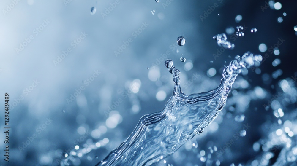 Poster a close-up of water droplets splashing, creating a dynamic and fluid motion against a soft, blue bac