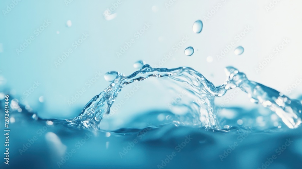 Poster a serene image of water droplets splashing, creating a beautiful arc above a calm blue surface.