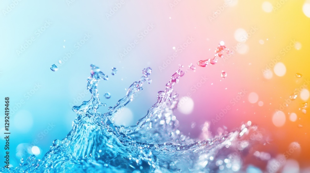Poster a vibrant splash of water captured against a colorful gradient background, showcasing dynamic moveme