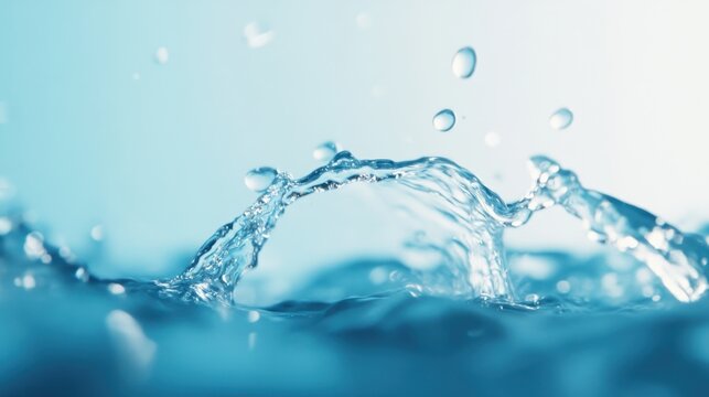 A serene image of water droplets splashing, creating a beautiful arc above a calm blue surface.
