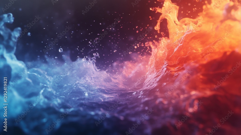 Poster a vibrant splash of blue and red water, creating a dynamic interplay of colors and movement against 