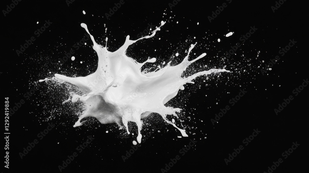 Poster a dynamic splash of white liquid against a dark background, capturing motion and creating a striking