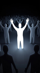 Einzelner Mensch erhebt die H&auml;nde inmitten einer Menschenmenge

