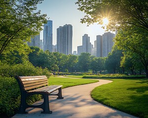 Park bench city skyline sunbeams