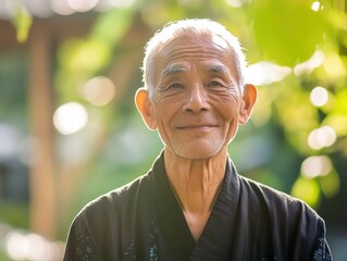 An old man with a beard and white hair is smiling