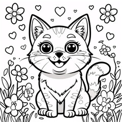 Sweet Kitten Line Art Drawing with Friendly Face for Kids Storybook Covers and Fun Educational Coloring Book Designs for Young Readers Drawing Illustration with Heart and Flowers