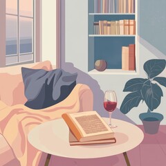 A cozy living room with a couch, a potted plant, a wine glass, and a book