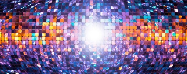 Obraz premium Bright disco ball mosaic pattern with purple and orange tiles reflecting light. Dance club party background with glowing center. Retro nightlife design for events and celebrations