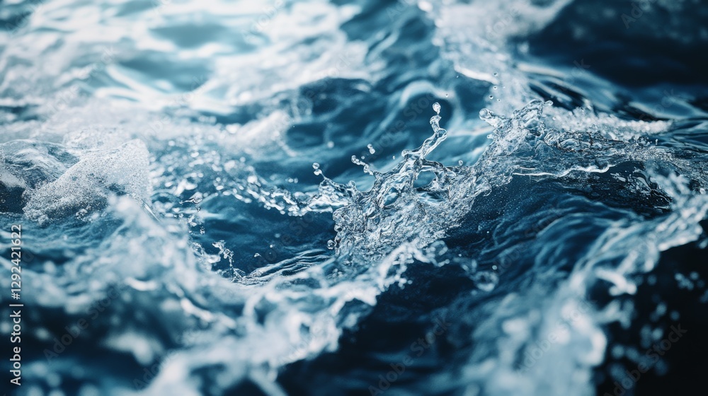 Poster a close-up view of dynamic water waves, showcasing splashes and ripples in various shades of blue, c