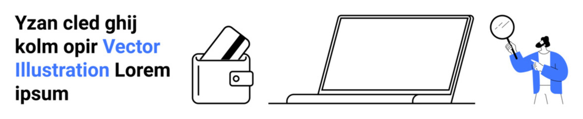 Obraz premium Man with magnifying glass investigating near laptop, digital wallet with credit cards. Ideal for cybersecurity, online transactions, payment methods, fraud detection, e-commerce, personal finance