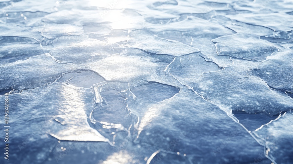Poster glimmering ice shards create a textured surface, reflecting light in a serene, chilly environment.