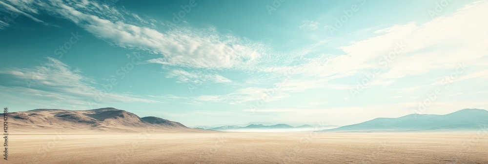 Fototapete Expansive desert landscape under a clear blue sky with distant mountains and soft clouds in a serene environment. Generative AI