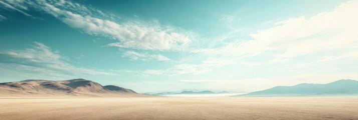 Expansive desert landscape under a clear blue sky with distant mountains and soft clouds in a serene environment. Generative AI