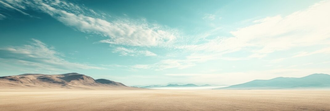 Expansive desert landscape under a clear blue sky with distant mountains and soft clouds in a serene environment. Generative AI