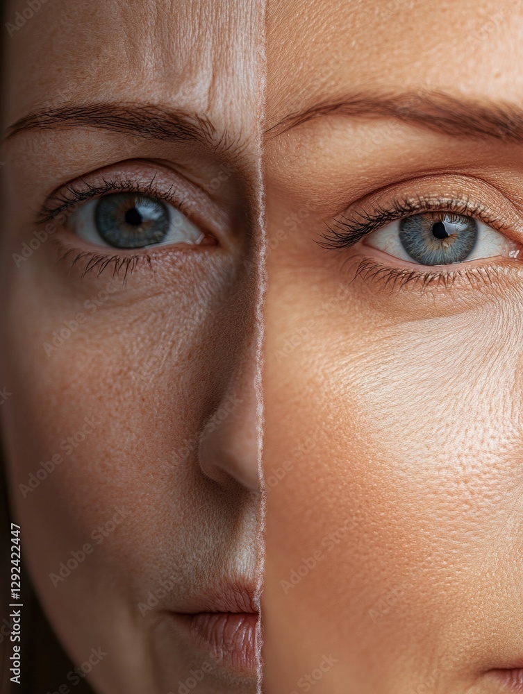 Poster close up view of a womans face highlighting contrast between aged skin and youthful appearance. gene
