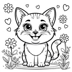 Obraz premium Cheerful Smiling Cat with Friendly Face for Kids Creative Book Covers and Fun Educational Coloring Pages for Childrens Learning Drawing Illustration with Heart and Flowers