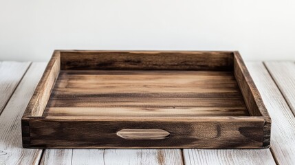 Rustic wooden tray on white wood, blank