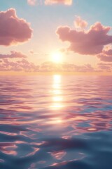 Fototapeta premium A serene sunset over calm ocean waters, with soft clouds illuminated by warm hues, creating a tranquil and picturesque seascape.