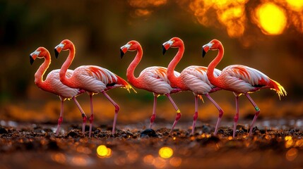 Naklejka premium Side View of Five Flamingos Standing Gracefully in Shallow Water at Sunset