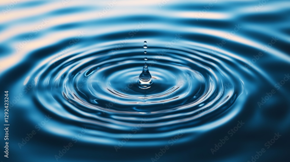 Poster a close-up view of a water droplet creating ripples on the surface, highlighting the fluid motion an