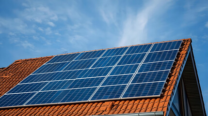 Naklejka premium Solar Panels on Roof Harnessing Sunlight for Clean Renewable Energy
